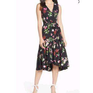 Eliza J Floral Dress Womens Size 4 Black Faux Wrap Ruffle Hem Cinched Detail EUC